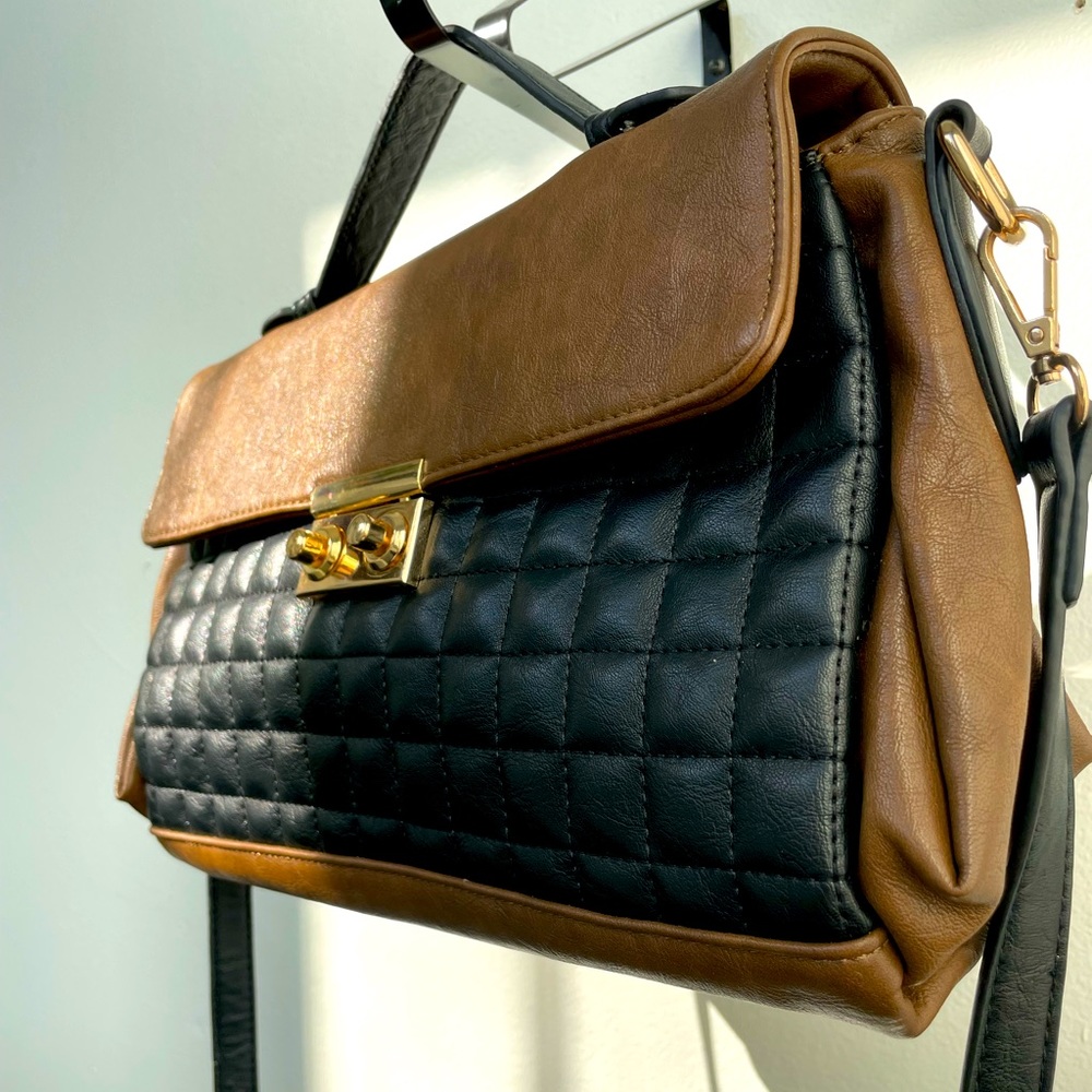 Rectangular Chocolate and Black Faux Leather Crossbody Bag